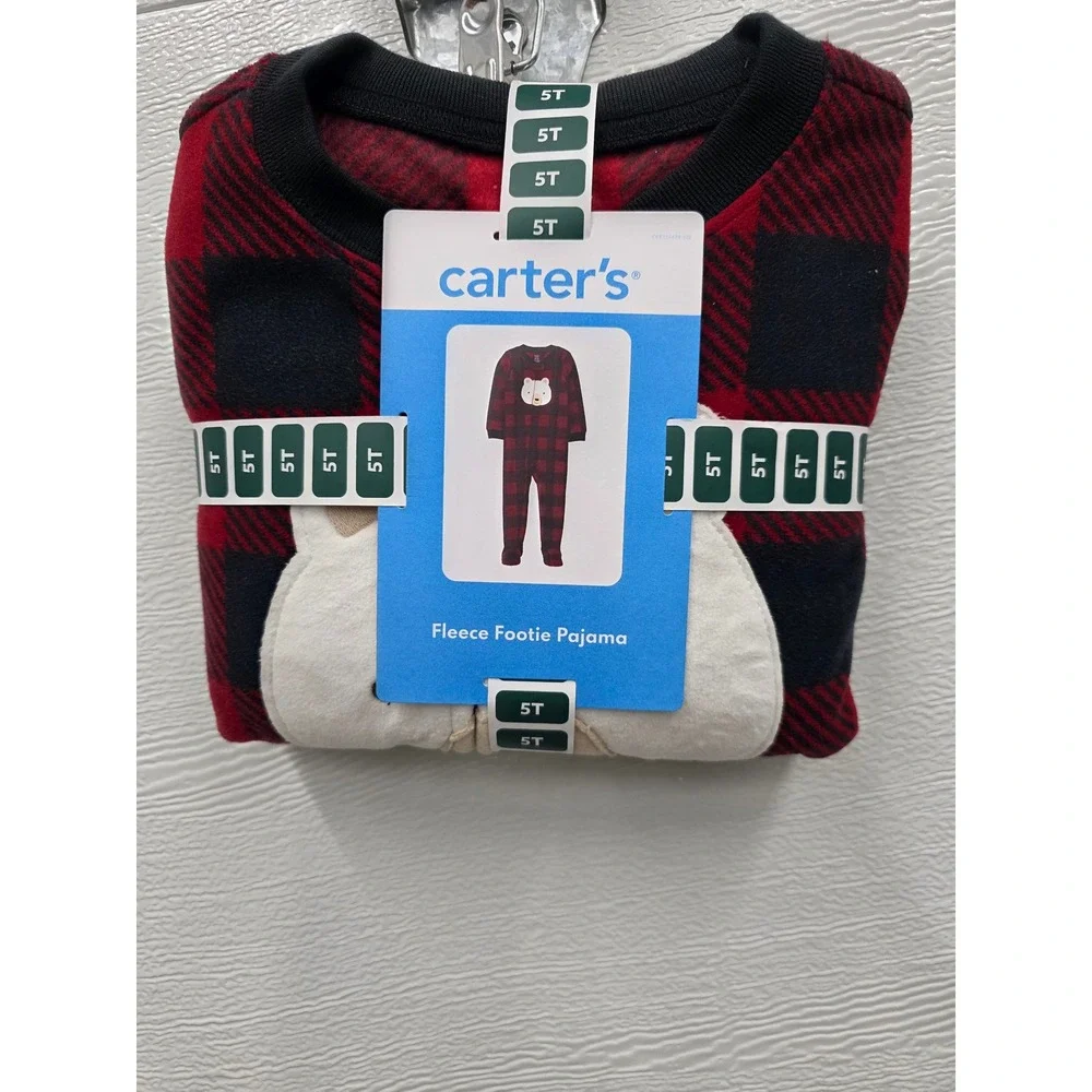 Carters Toddler Boys Red Black Buffalo Plaid Fleece Footie Pajama Polar Bear 5T
